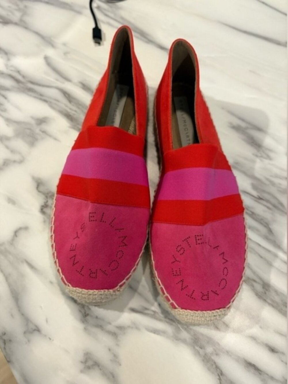 STELLA MCCARTNEY Logo Bicolor Striped Espadrilles Cap Toe Flats Retail $500